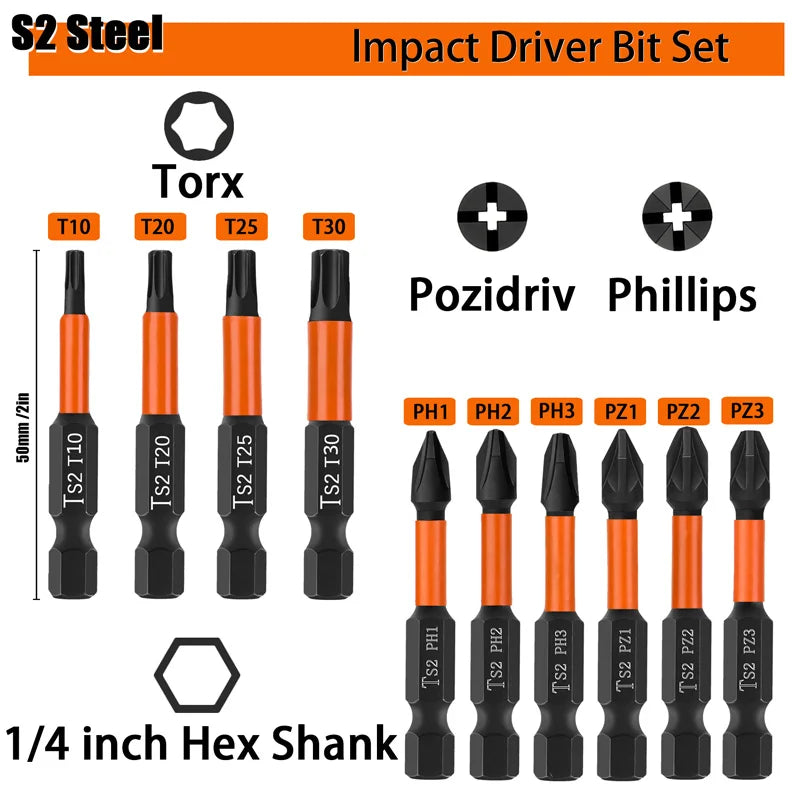 Magnetic Bits 10Pcs 50mm Screwdriver Bits Set S2