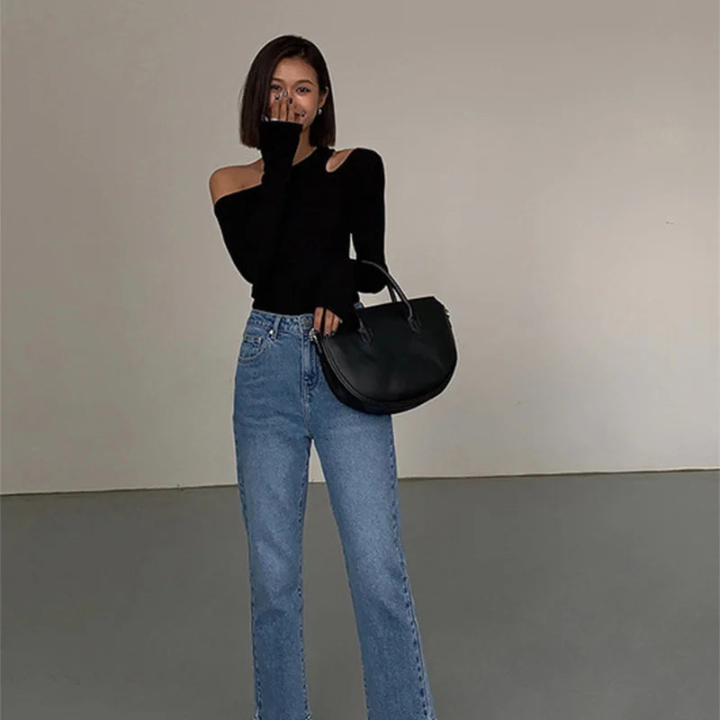 Fashion Skew Collar Off-shoulder Long-sleeved T-shirts