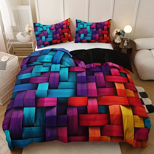 Geometric Colorful Plaid Duvet Cover Set Breathable Woven Polyester