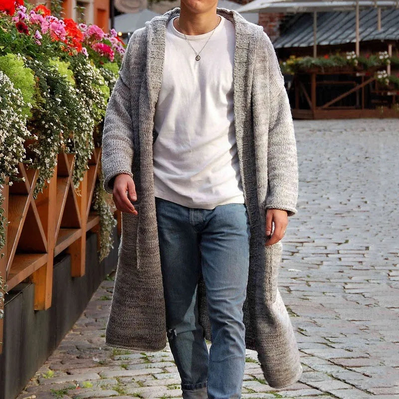 Sweater Men's Trench Coats Knitted Long Sleeve Button Knit Hooded