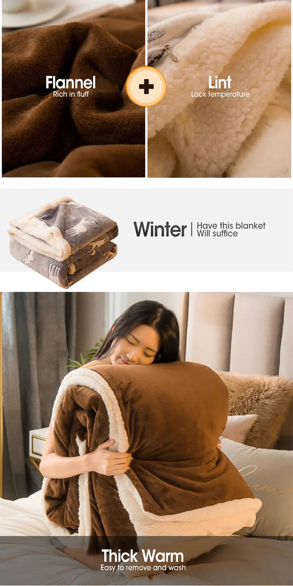 Wool Throw Blanket Keep Warm Winter Bed Blankets Double Sided