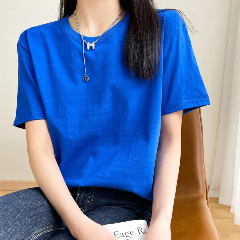 Women T-shirts 2025 Tops Solid Short Sleeve Loose O-neck