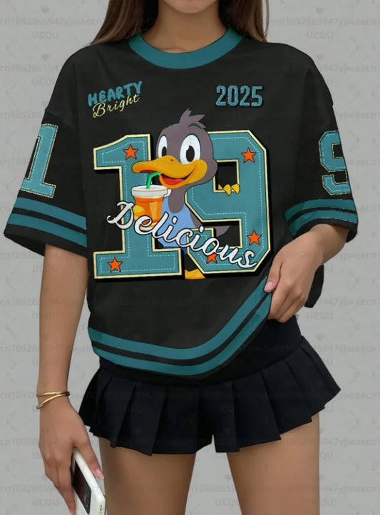 Women's Sports Jersey Cartoon Duck Print Short Sleeve T-Shirt