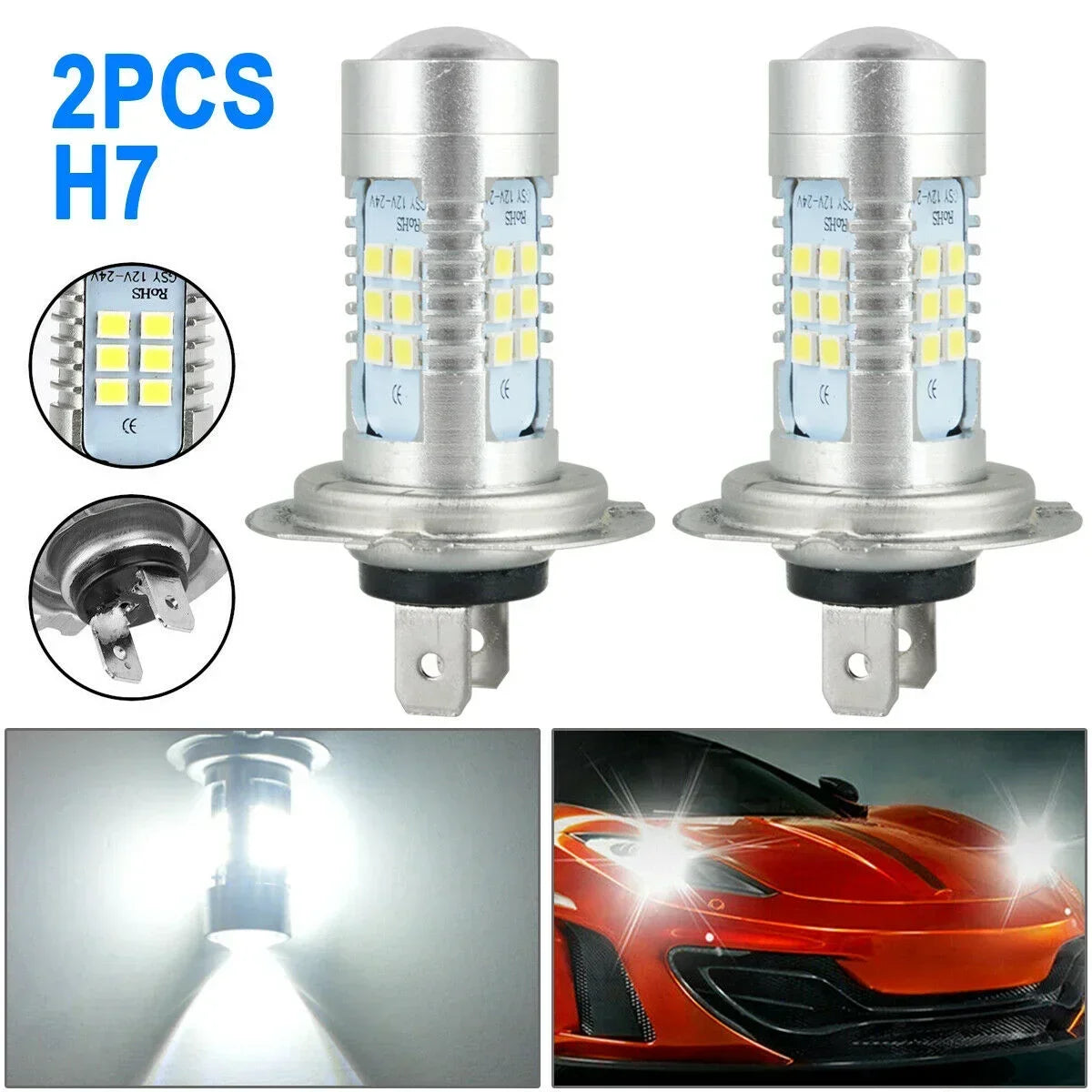 2x H7 LED Headlight Bulb Kit High/Low Beam
