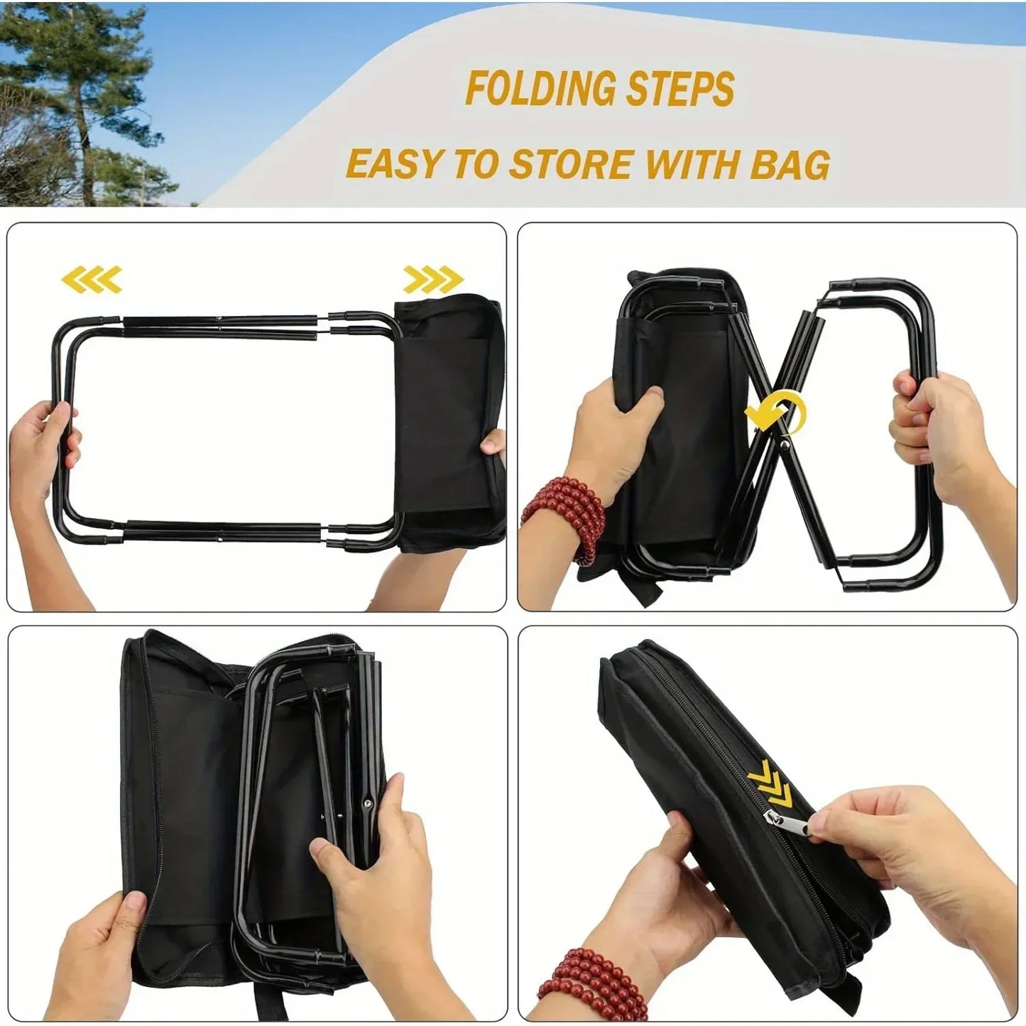 Portable folding stool, foldable hand-held camping stool,