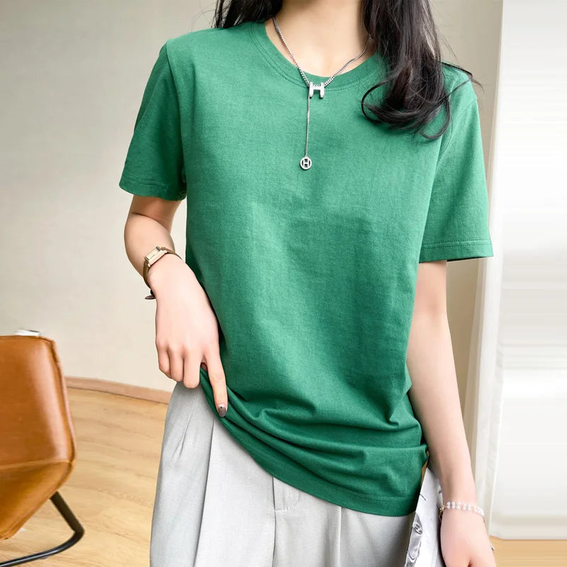 Women T-shirts 2025 Tops Solid Short Sleeve Loose O-neck