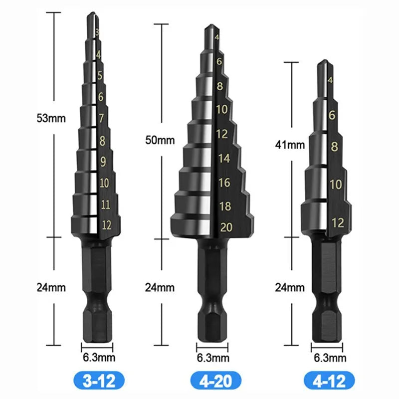 3Pcs HSS Straight Groove Step Drill Bit 3-12mm 4-12mm 4-20mm