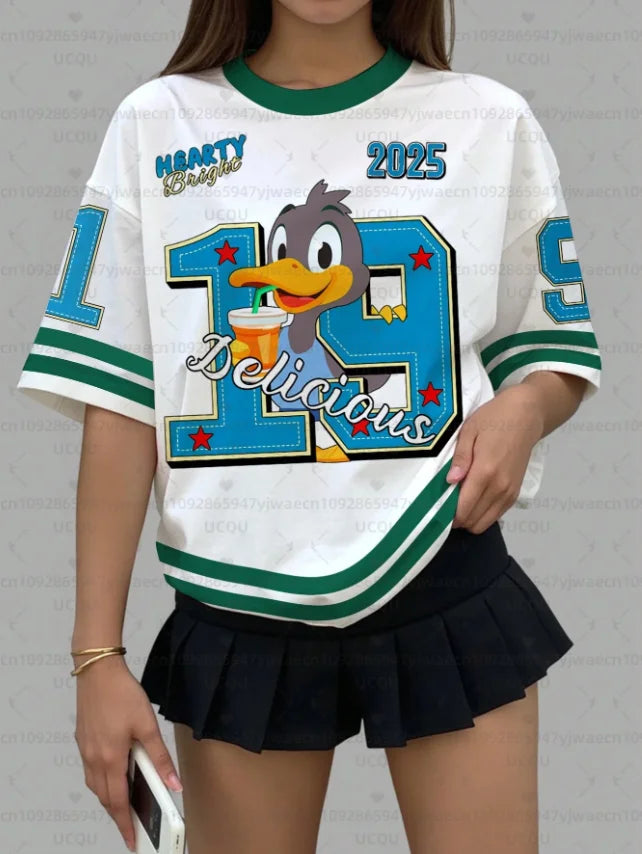 Women's Sports Jersey Cartoon Duck Print Short Sleeve T-Shirt