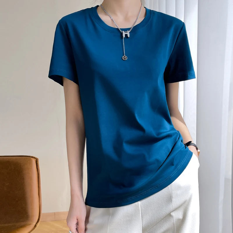 Women T-shirts 2025 Tops Solid Short Sleeve Loose O-neck