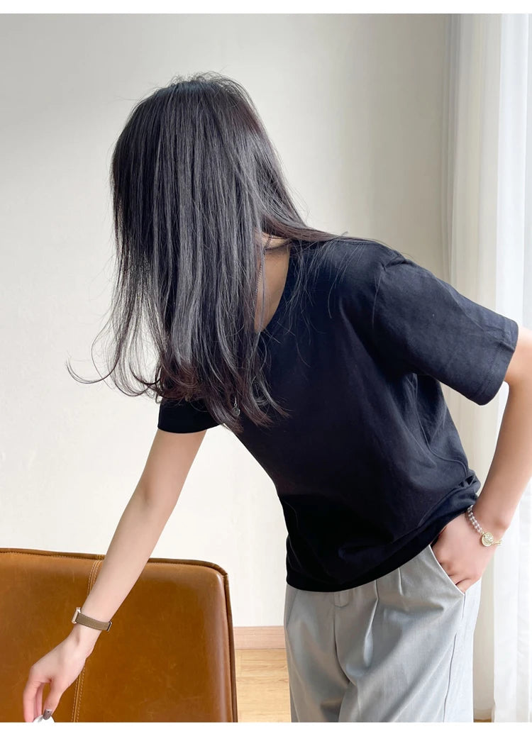 Women T-shirts 2025 Tops Solid Short Sleeve Loose O-neck