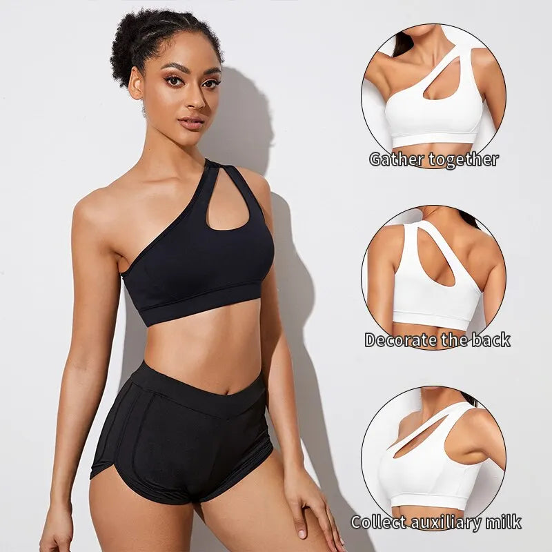 Women Sports Bra Push Up Fitness Bras One Shoulder Shockproof