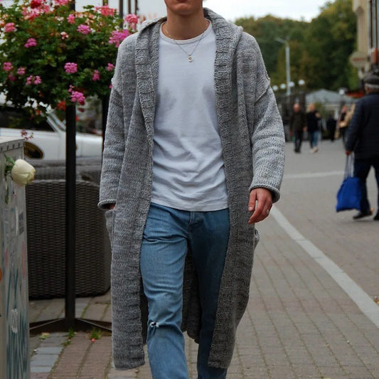 Sweater Men's Trench Coats Knitted Long Sleeve Button Knit Hooded