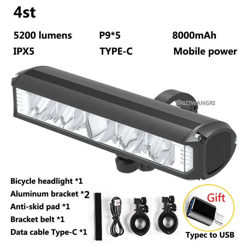 8000mAh 5 LED 5*P90 Bike Light Waterproof USB Rechargeable LED
