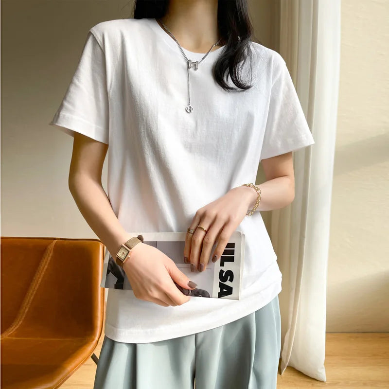 Women T-shirts 2025 Tops Solid Short Sleeve Loose O-neck
