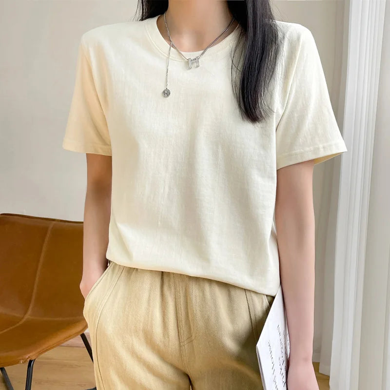 Women T-shirts 2025 Tops Solid Short Sleeve Loose O-neck