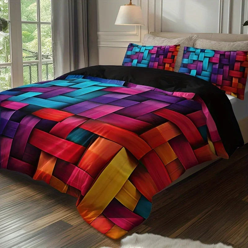 Geometric Colorful Plaid Duvet Cover Set Breathable Woven Polyester