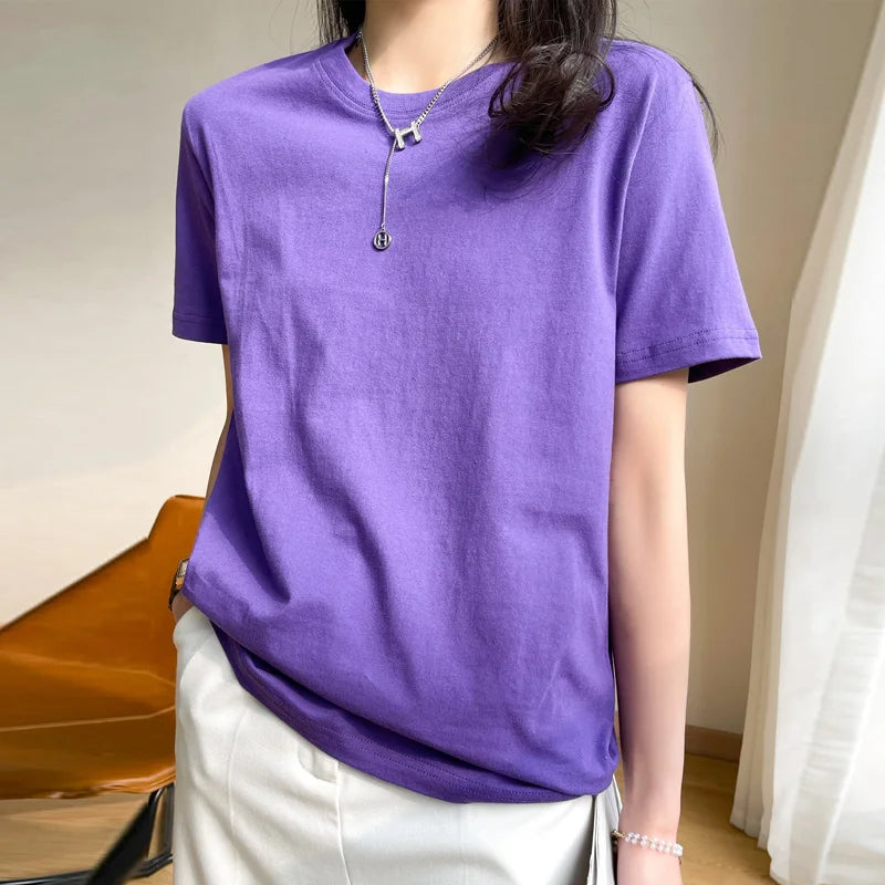 Women T-shirts 2025 Tops Solid Short Sleeve Loose O-neck