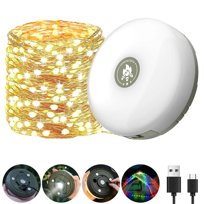 USB Rechargeable Camping Light 10meter Light String Outdoor Tent Light RGB Atmosphere Light XTE LED Flashlight with Magnet Hook