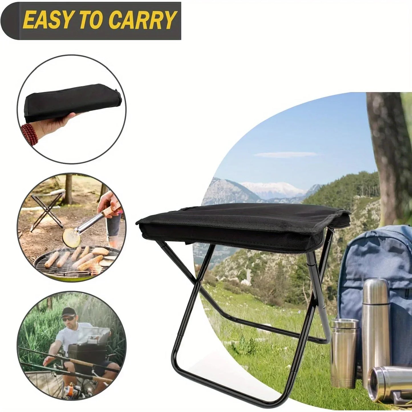Portable folding stool, foldable hand-held camping stool,