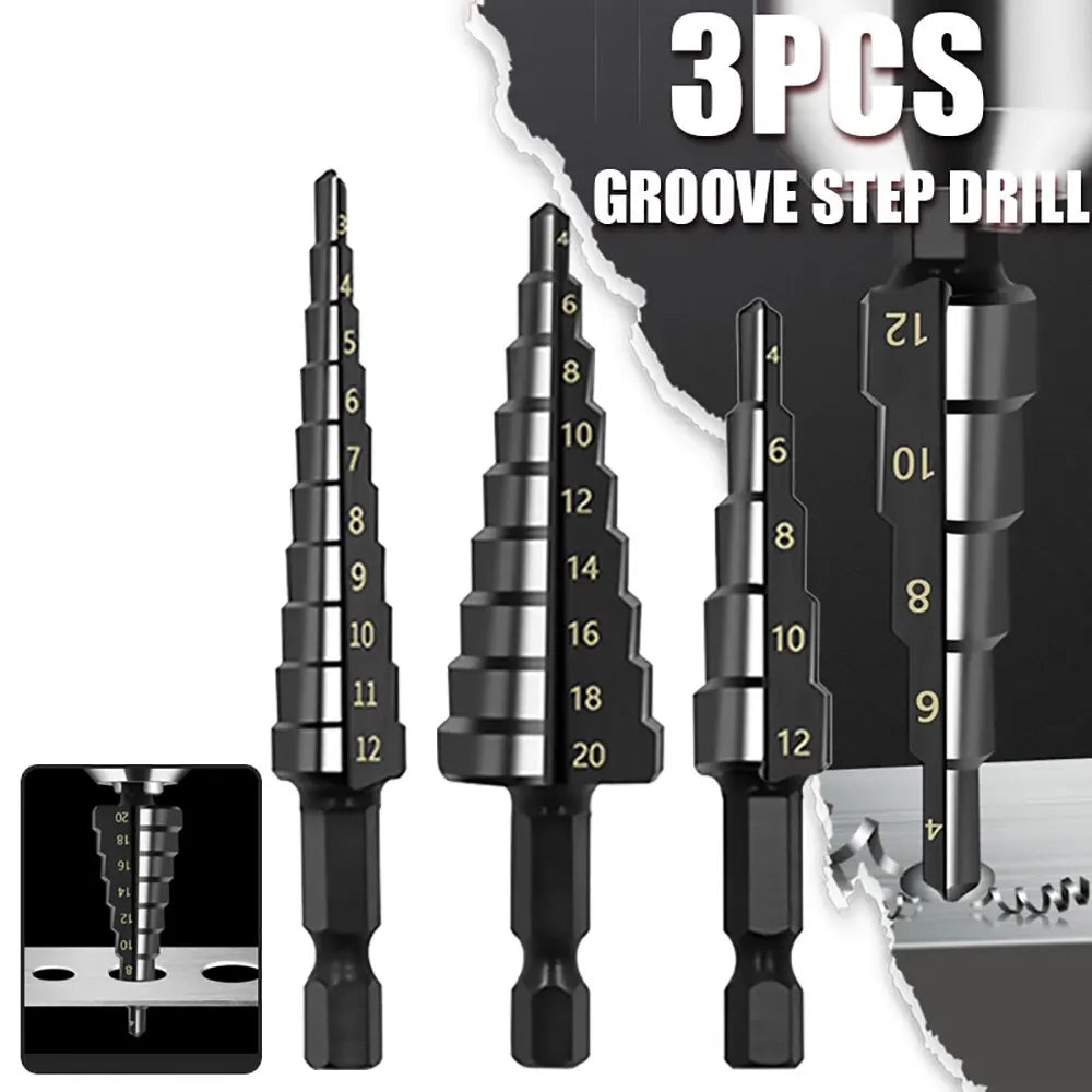3Pcs HSS Straight Groove Step Drill Bit 3-12mm 4-12mm 4-20mm