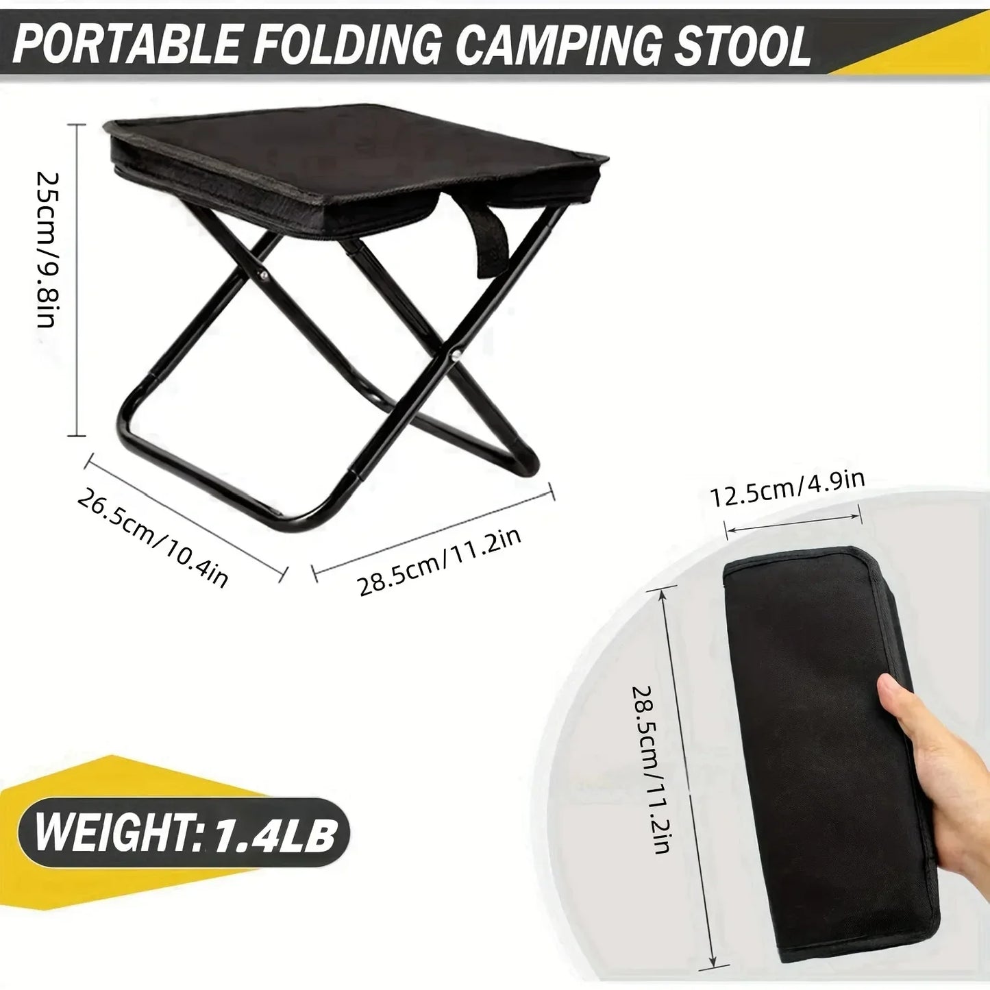 Portable folding stool, foldable hand-held camping stool,