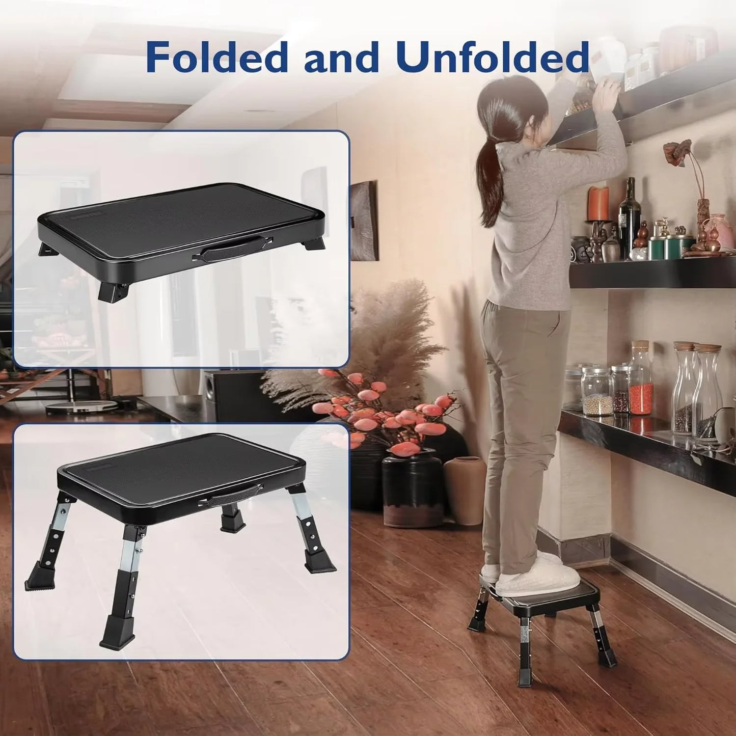 3-speed adjustable folding step stool for adults and seniors, safer metal step stool, sturdy and stable step stool