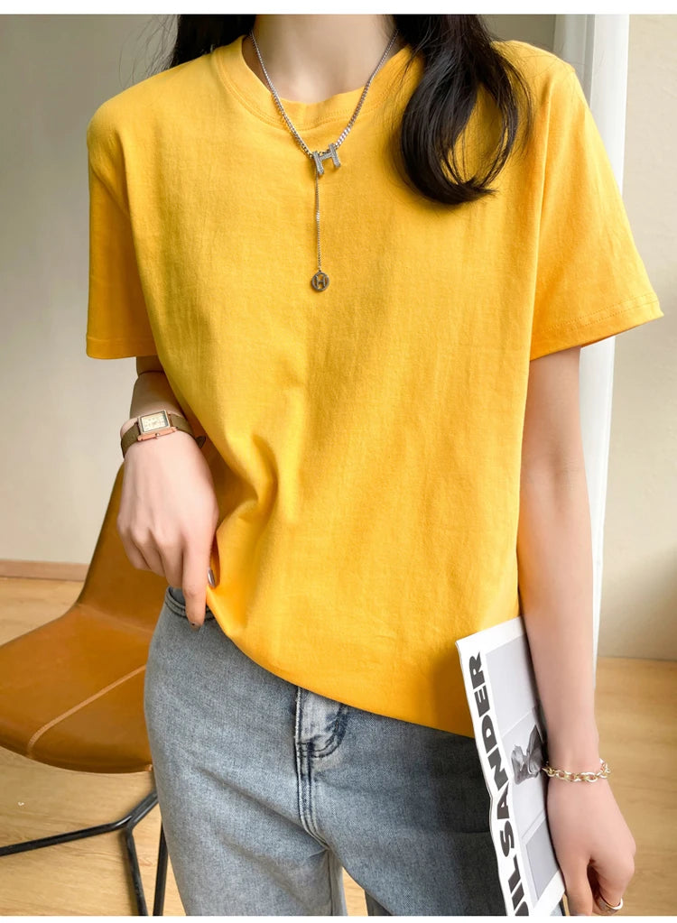 Women T-shirts 2025 Tops Solid Short Sleeve Loose O-neck