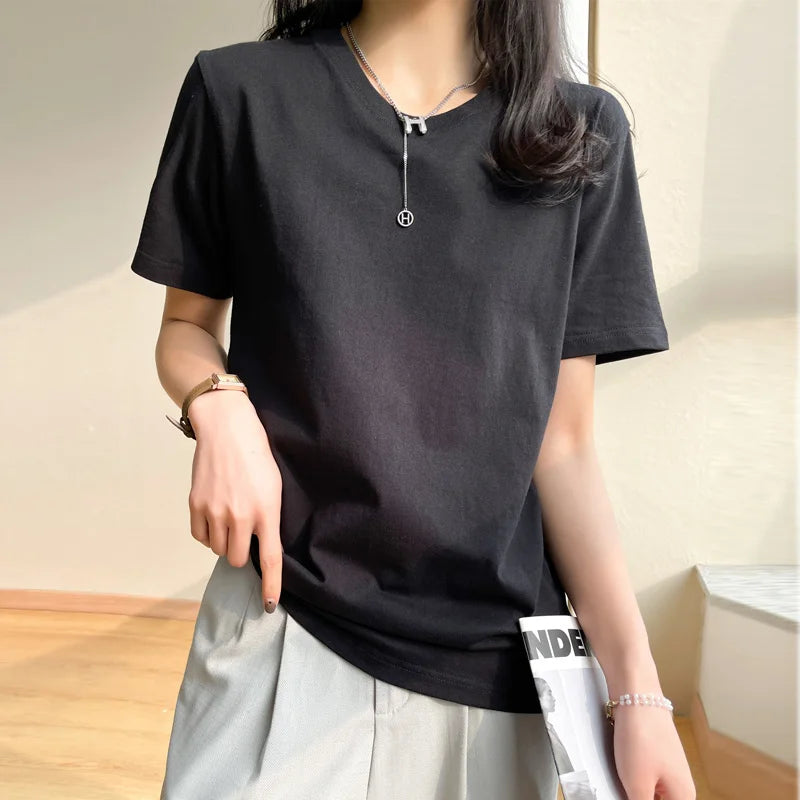 Women T-shirts 2025 Tops Solid Short Sleeve Loose O-neck