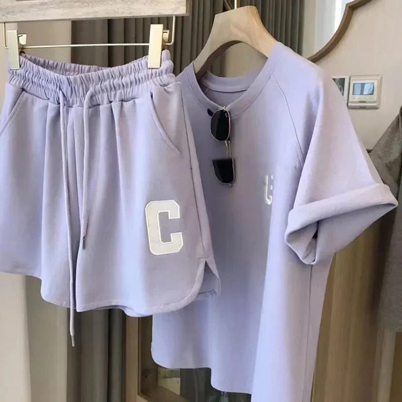 Casual Sports Suits Women Summer Short T-shirt Tops